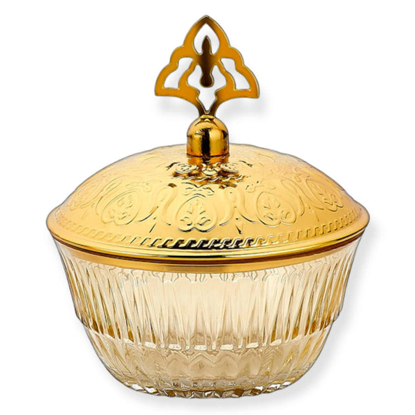 Bol à bonbons doré en verre avec couvercle en métal - motif tulipe