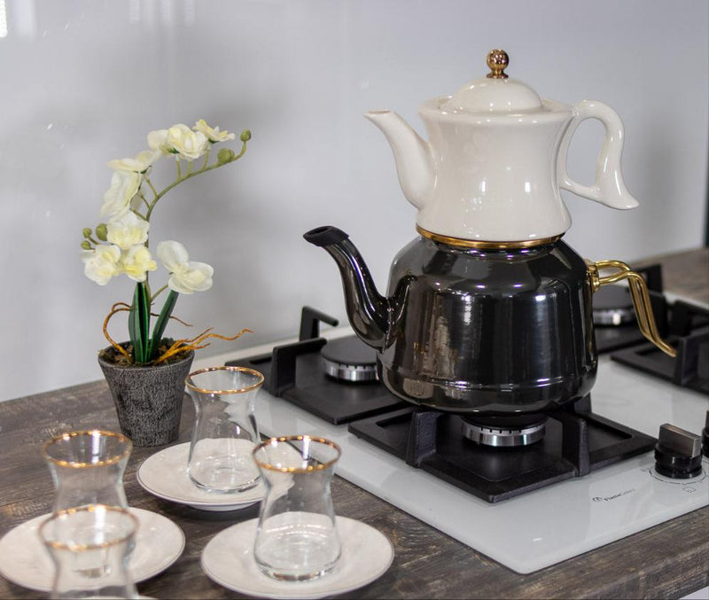 KARACA RETRO théière en émail noir et porcelaine - Emaye ve porselen demlikli çaydanlik takimi siyah