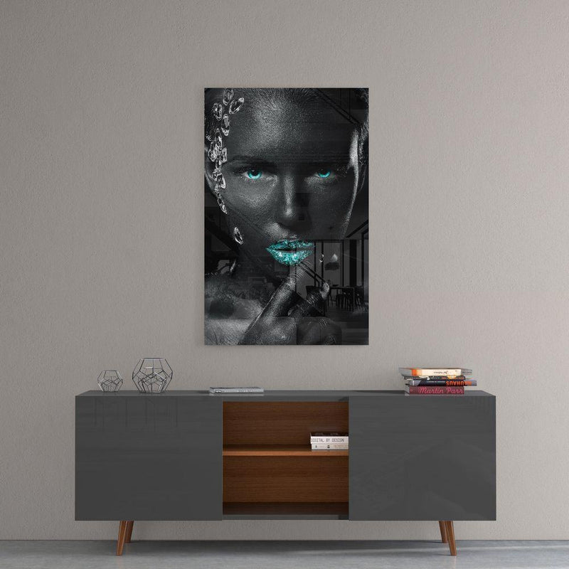 Tableau en verre - Femme africaine Lèvres et Yeux Bleus Strass