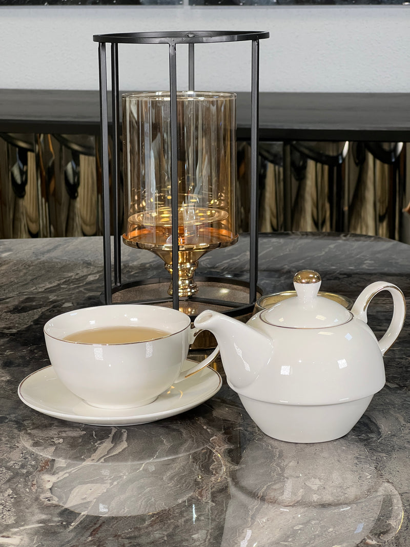 TREND HOME COLLECTION Set de théière en porcelaine et tasse avec liseré doré 3 pièces