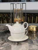 TREND HOME COLLECTION Set de théière en porcelaine et tasse avec liseré doré 3 pièces