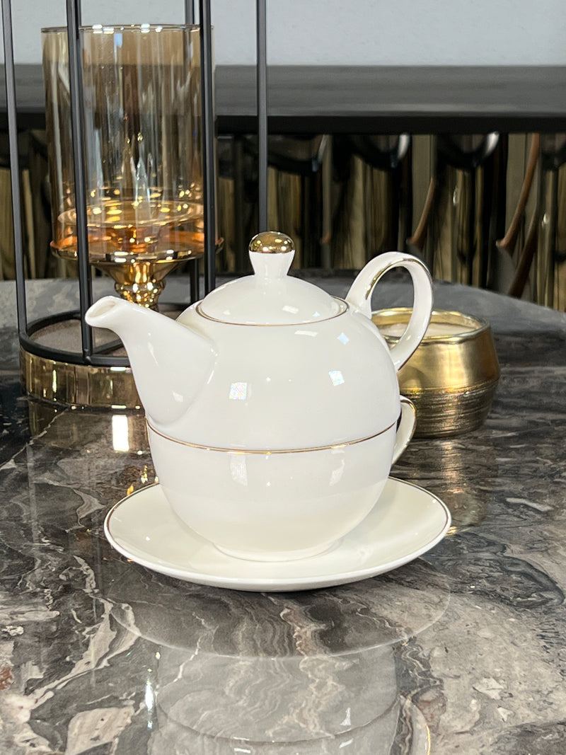 TREND HOME COLLECTION Set de théière en porcelaine et tasse avec liseré doré 3 pièces