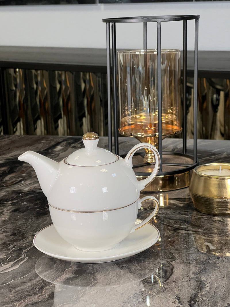 TREND HOME COLLECTION Set de théière en porcelaine et tasse avec liseré doré 3 pièces