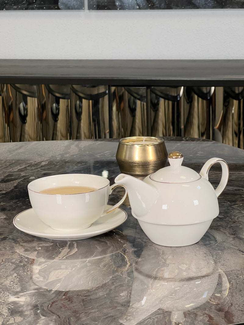 TREND HOME COLLECTION Set de théière en porcelaine et tasse avec liseré doré 3 pièces